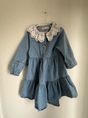 Zara Light Blue Denim Dress with White Eyelet Collar